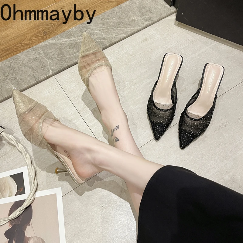 

Мюли женские летние сетчатые, сланцы, без застежки, элегантные туфли с острым носком, тонкий каблук, 2024