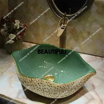 อ่างล้างหน้าเซรามิคทรงใบไม้สไตล์จีนโบราณ อ่างล้างมือแบบตั้งบนเคาน์เตอร์สำหรับระเบียง ดีไซน์โดดเด่น 2