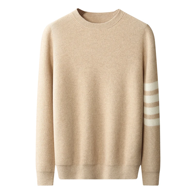 

new arrival high quality Autumn winter men's 100%pure cashmere double ply thickened round neck striped sweater casual size S-3XL