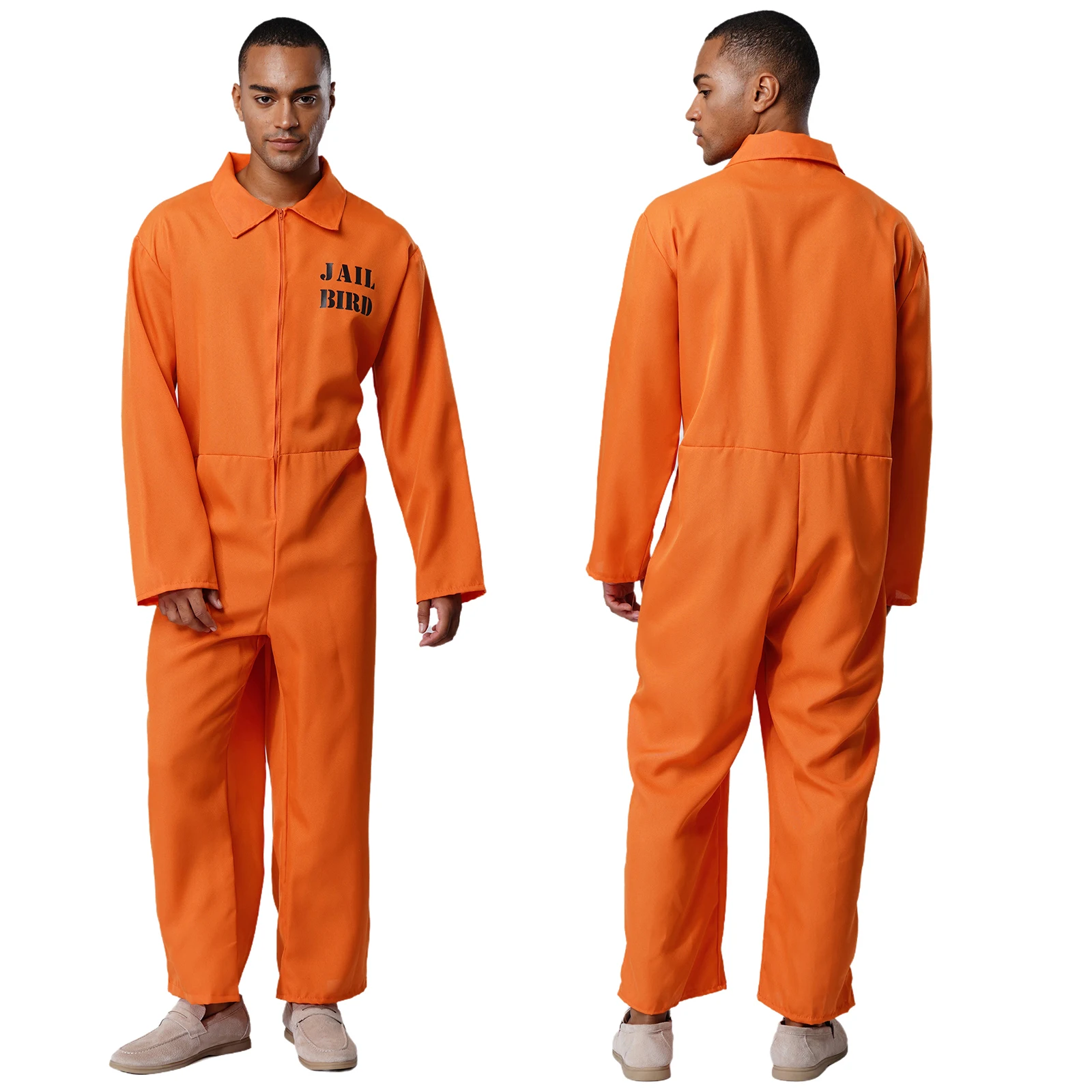 Adult Inmate Costume Halloween Prisoner Cosplay Jumpsuit Lapel Long Sleeve One Piece Unitard Men Orange Prisoner Jail Uniforms
