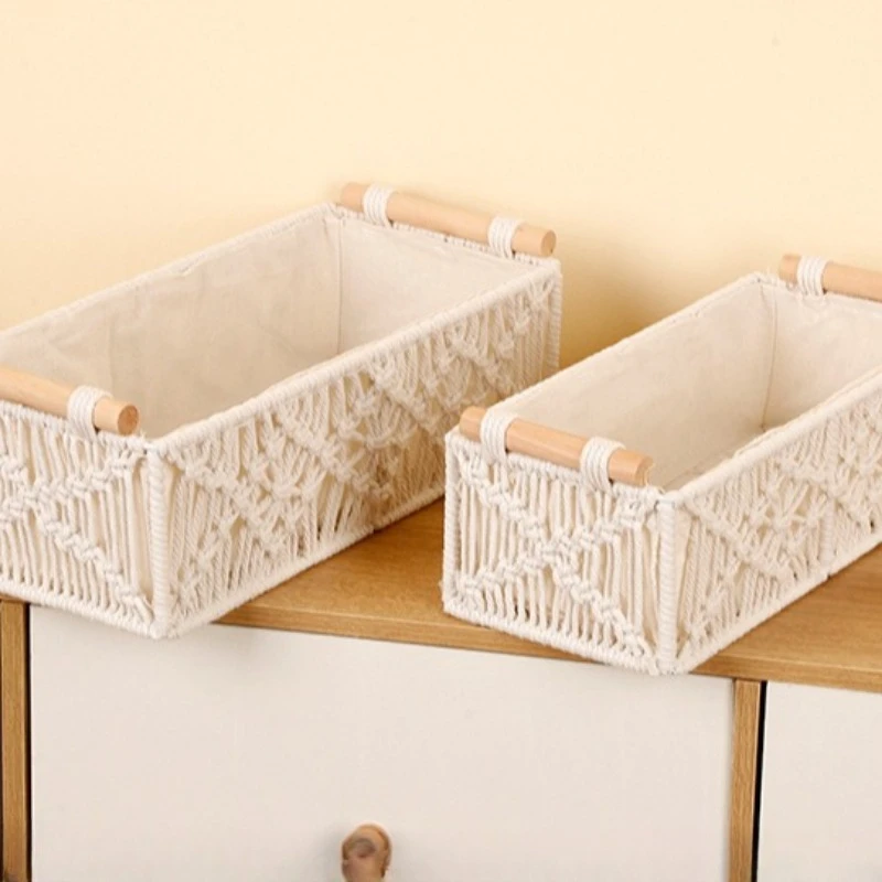 Cotton Rope Storage Box - Handwoven Jute Organizer Basket, Desktop Organizer Bin for Home Office, Practical Storage Container