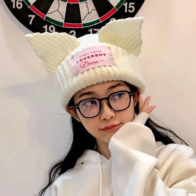 

Cute Cat Ear Knitted Wool Hat Women Fashion Hooded Cap Beanies Winter Warm Pig Ear Woolen Hats Design Kpop Personality Bonnet