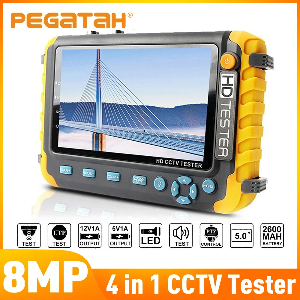 PEGATAH 8MP 4 in 1 CCTV 테스터 5인치 카메라 모니터 4K AHD/CVI/TVI CVBS 아날로그 카메라 테스터 (HDMI VGA 입력, UTP 케이블 테스트 포함)
