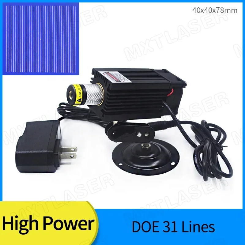 고출력 DOE 31라인 레이저 모듈, 초점 조절 가능 450nm 블루 라인 500mW 1000mW 1600mW, 냉각 팬 포함 (브래킷 및 어댑터 포함)