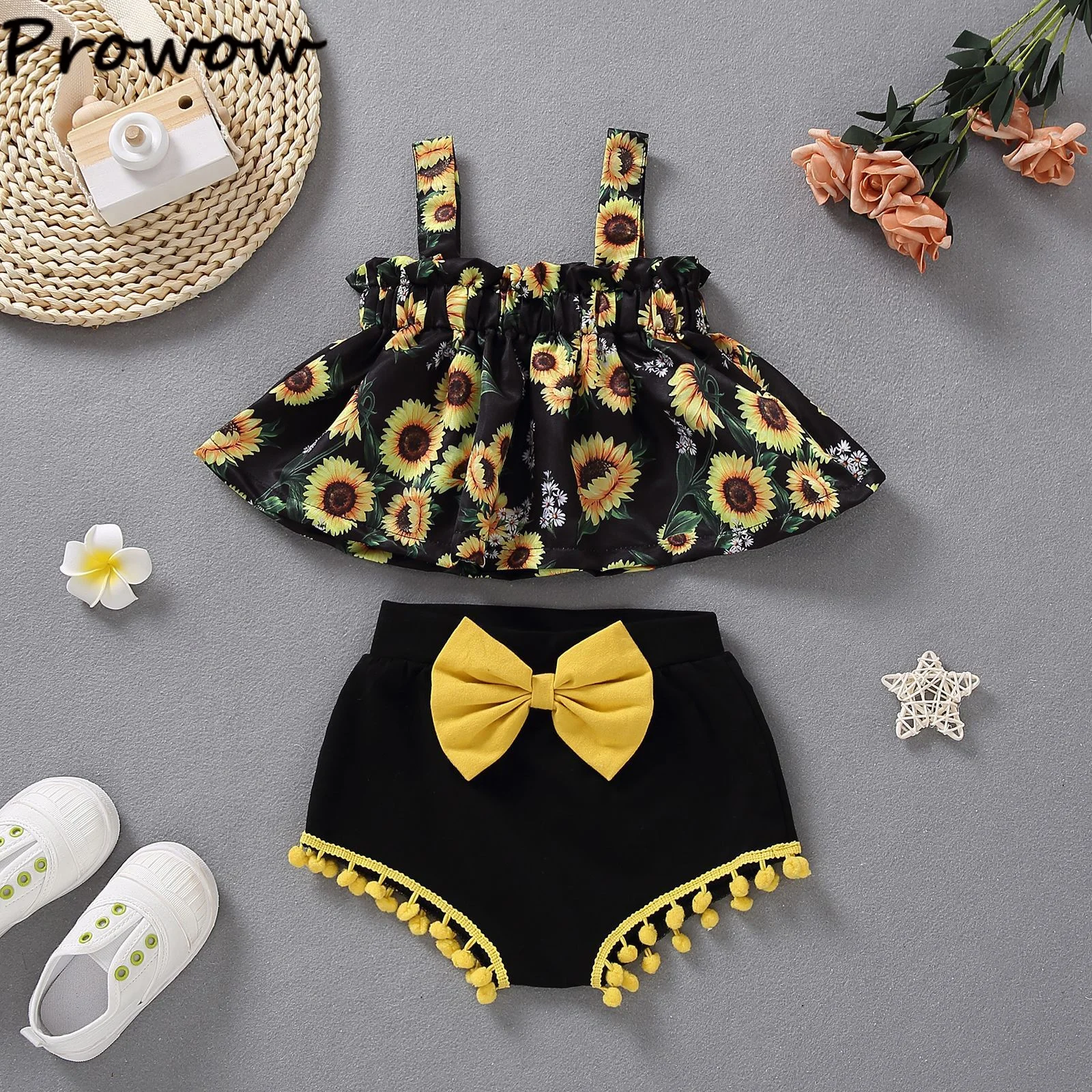 Prowow 0-12M Baby Girls Clothes Outfits Sets Sunflower Sling T-shirts Tassel Bow Shorts 2PCS Summer Newborn Girls Clothing Set vintage Baby Clothing Set