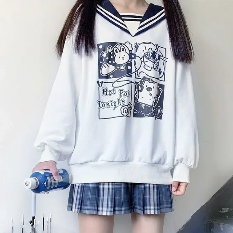 Kawaii Navy Collar JK Sweatshirts Sweet Girl Cartoon Printed Loose Leisure Pullovers Autumn Winter Women Cute Fashion Chic Tops