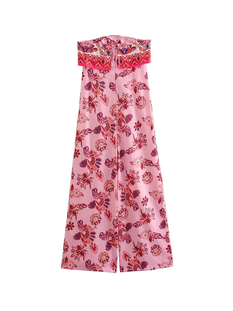 TRAF 2023 Summer Woman Chic Printed Jumpsuits Fashion Off Shoulder Sleeveless  Causal Elegant Slim Playsuits