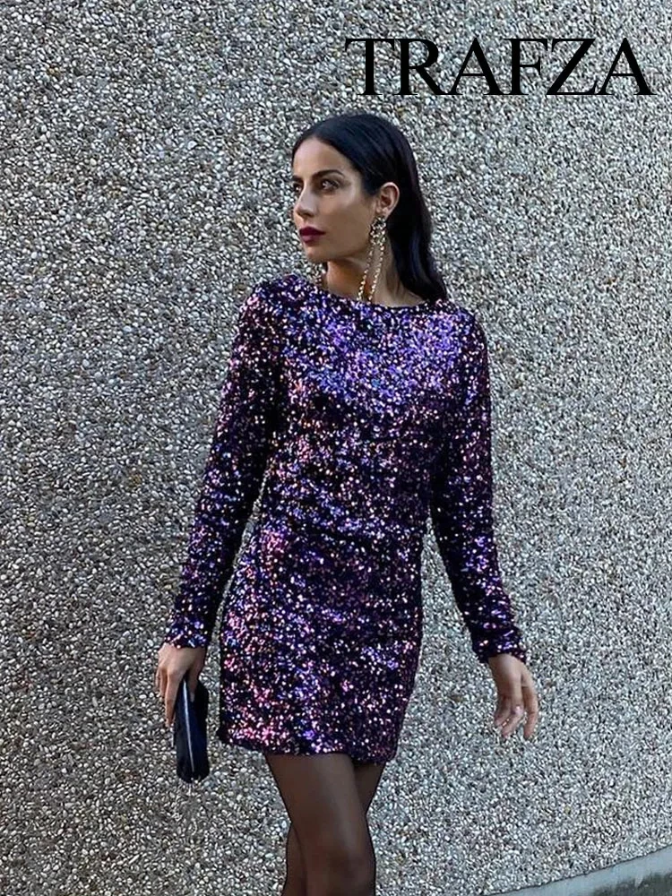 

TRAFZA Women Fashion Summer Elegant Purple Sequin Backless Long Sleeve Dress Woman Sexy Chic Slim Mini Evening Party Dresses