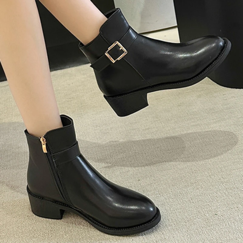 Женские ботинки с пряжкой, однотонные ботинки до середины икры с круглым носком, на молнии, на массивном каблуке, на зиму, 2023