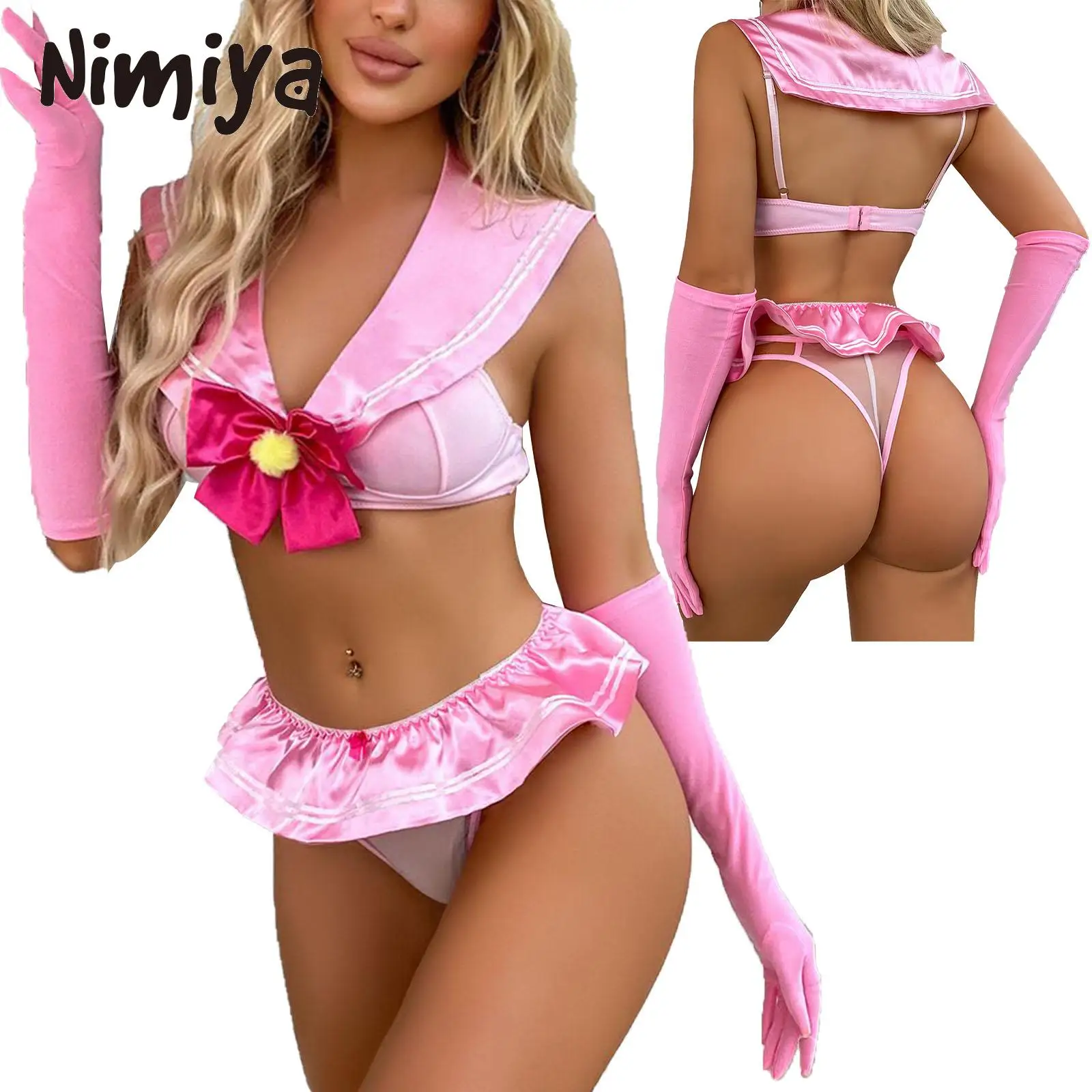 

Nimiya Womens Schoolgirl Role Play 4Pcs Anime Lingerie Suit Sailor Collar Bowknot Bras with Mini Skirt and Thong Gloves Costumes