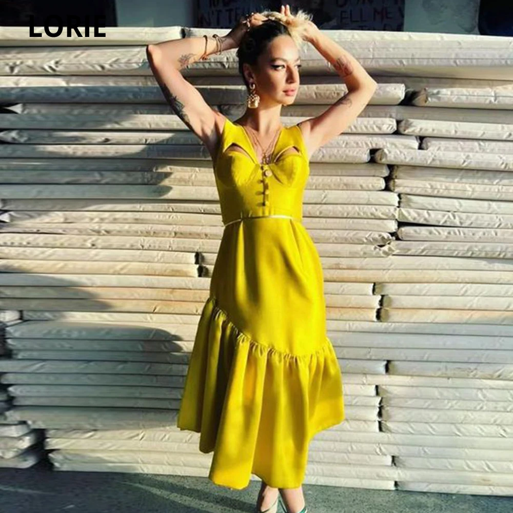 

LORIE Saudi Arabia V Neck Evening Dresses 2022 Ruched Vestidos De Noche Gold Satin Formal Celebrity Prom Gowns Party Dresses