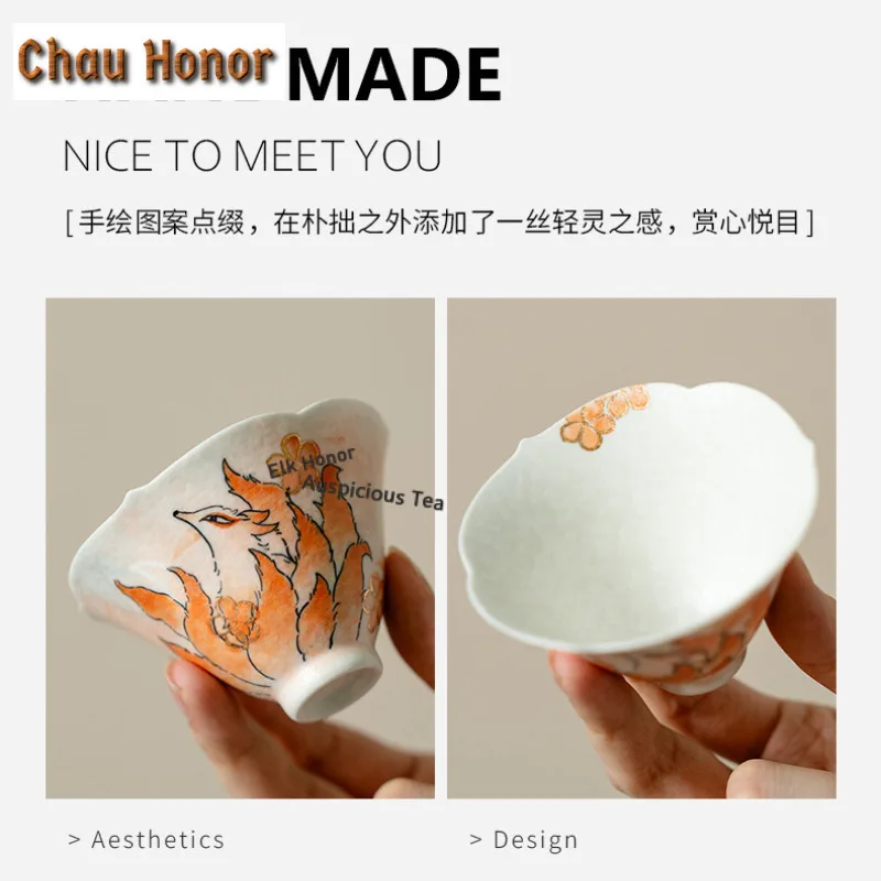 75ml Pure Hand-drawn Nine-tailed Fox Teacup Aesthetic Tea Bowl Set of Cups Tea-tasting Meditation Cup Chazhan Master Cups Gift