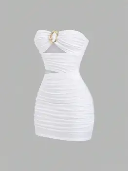 Women's Sexy Slim-Fit Strapless Bustier Mini Dress with Metal Buckle 1
