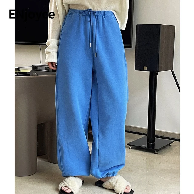 Women Winter Thick Fleece Loose Warmer Sweatpants Wide Leg Pants Casual  Drawstring Elastic Waist Street Style Workout Trousers