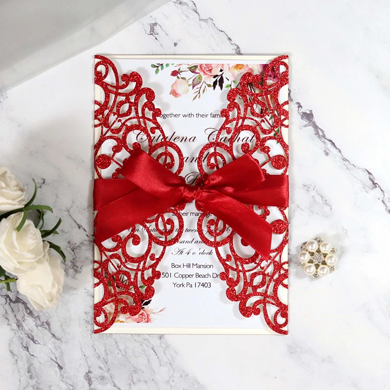 10PCS Laser Cut Blue Glitter Wedding Invitations with Ribbon – Elegant Gold Glitter Gre... - SKU LCIC0857 - UGI Packaging