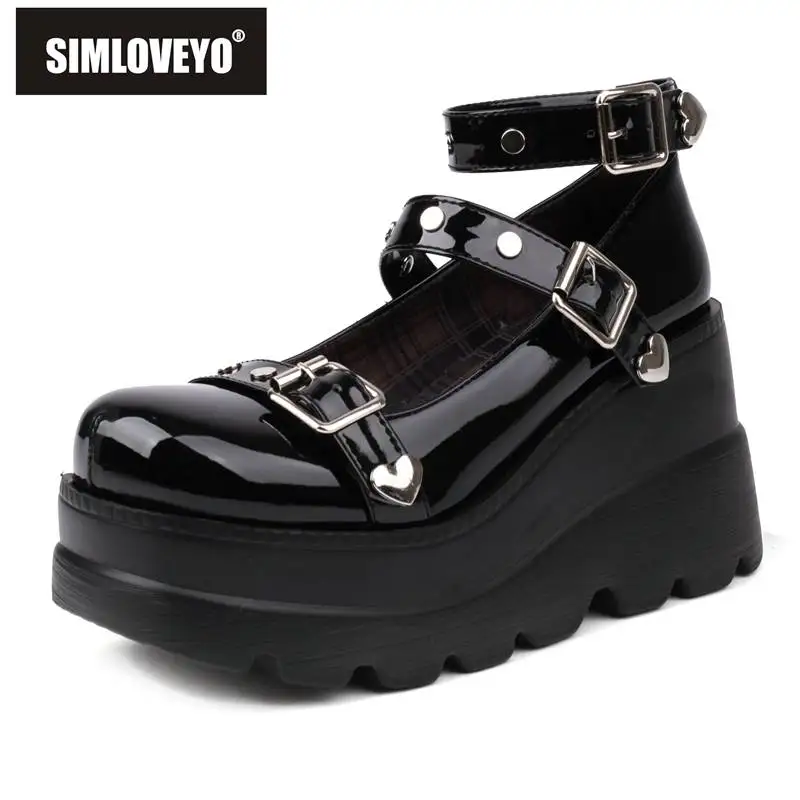 

SIMLOVEYO Ladies Pumps Round Toe Chunky High Heels 9cm Platform 5cm Belt Buckles Punk Style Rivets Fashion Shoes Big Size 42 43