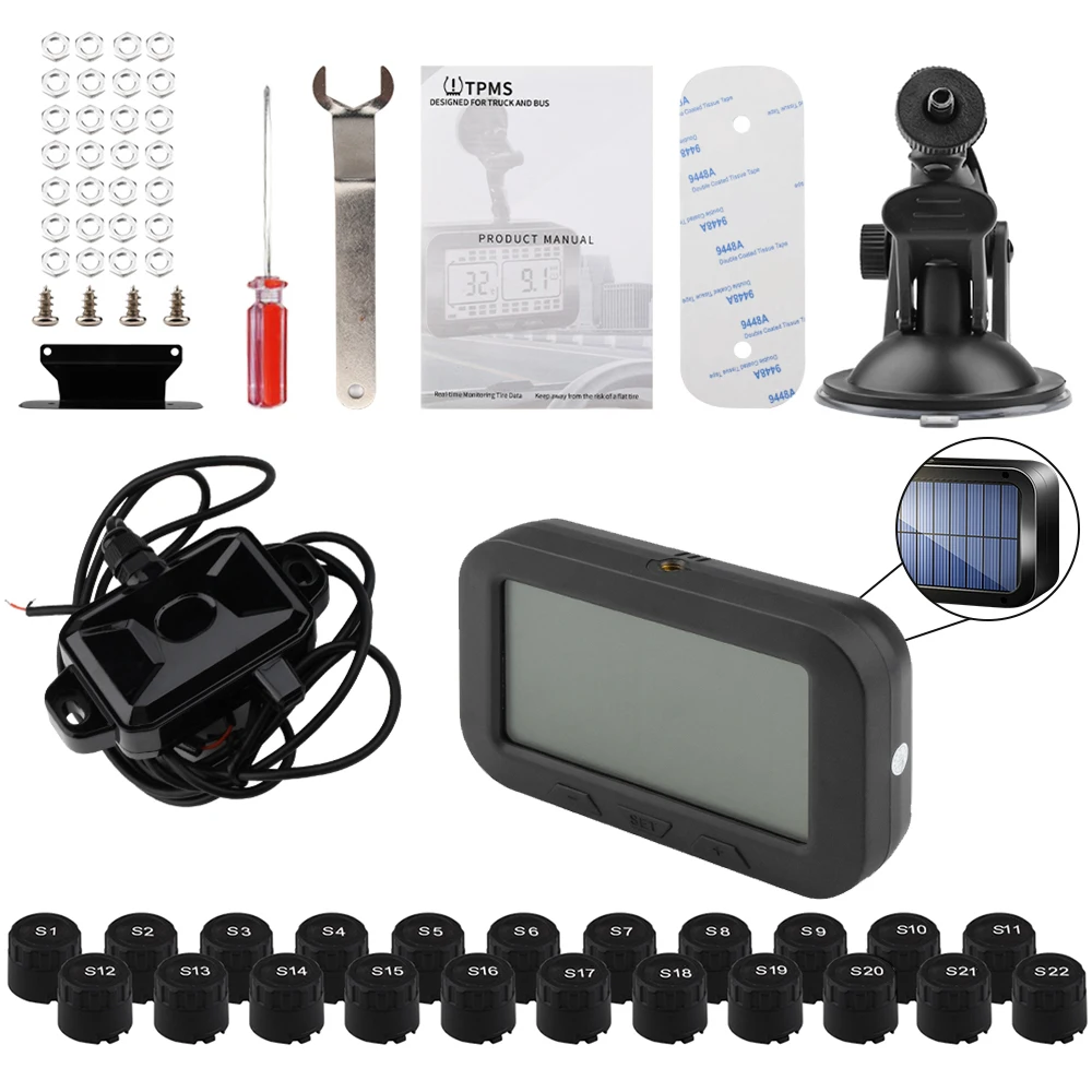 Car Tire Pressure Monitor Trailer Tire Pressure Monitoring System Solar TPMS 217psi Automobile Truck RV Bus Sensor LCD Display Real time Alarm Pressure