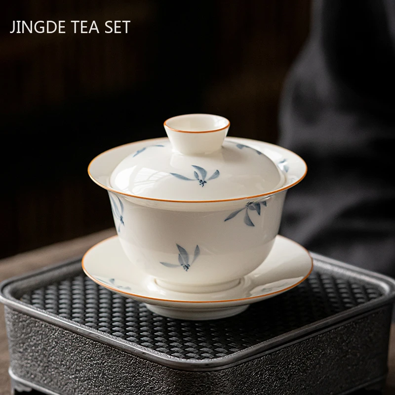 Hand-painted Orchid Ceramic Gaiwan Blue and White Porcelain Tea Cup Portable Personal Tea Bowl Tea Maker Chinese Tea Set Gifts