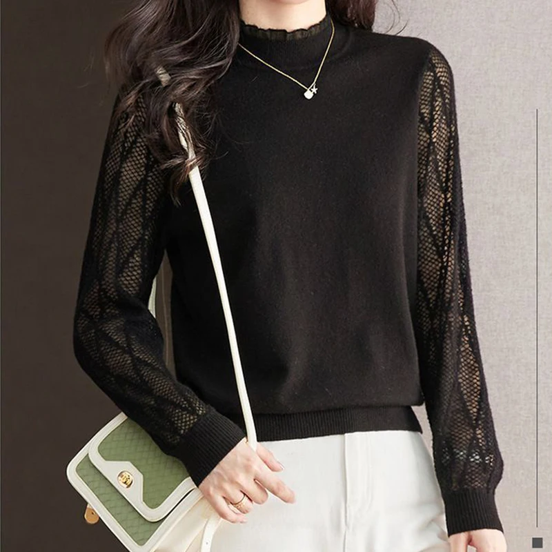 

Rimocy Sexy Lace Hollow Out Sweater Women Autumn Winter Long Sleeve Knitted Pullover Woman Elastic Round Neck Knitwears Ladies