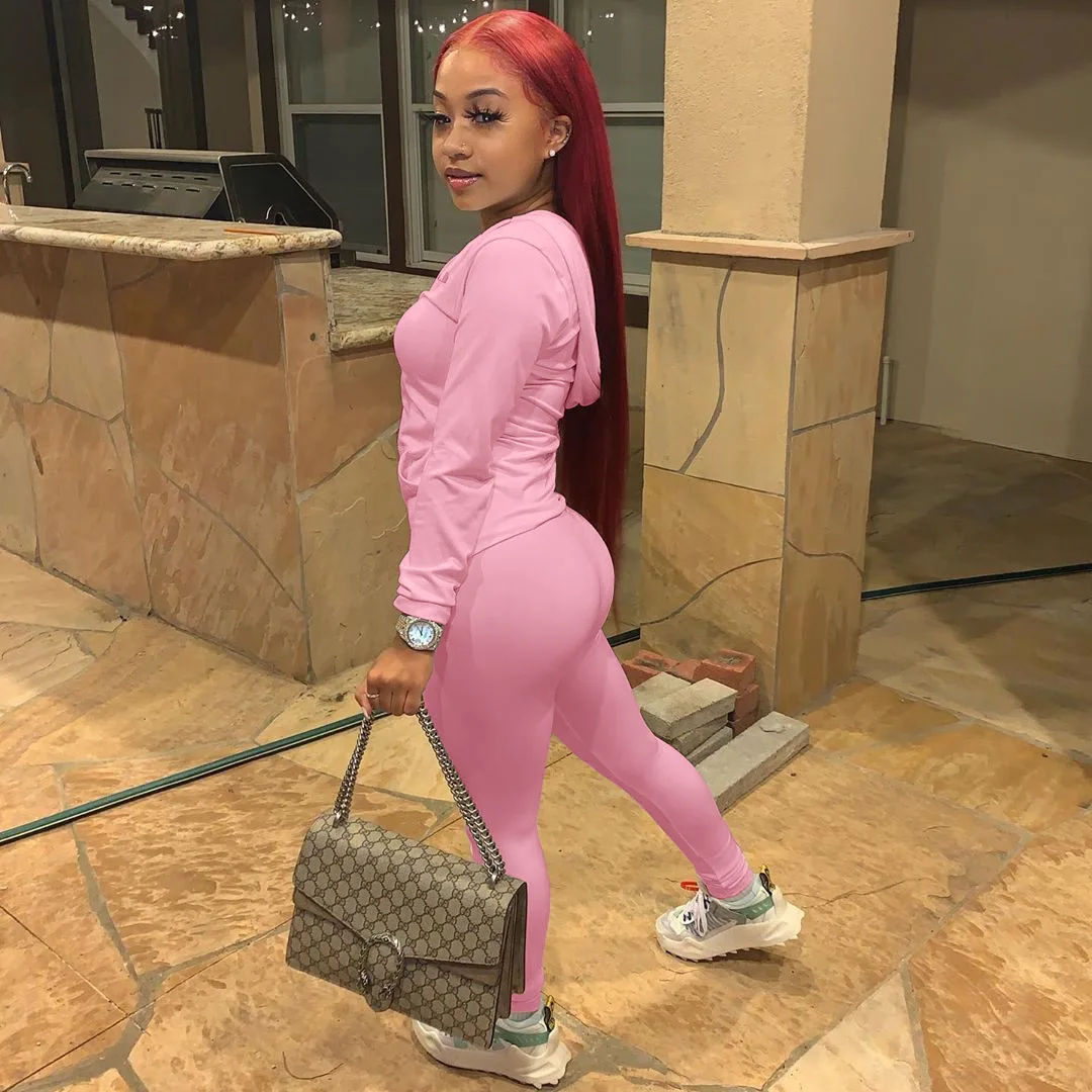 Spring 2023 New Solid Color Women's Two-Piece Hooded Long-Sleeved Top And Casual Sweatpants Suit Lady Slim-Fit 2 Piece Set