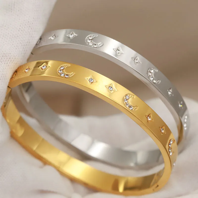 316L Classic Stainless Steel Crystal Star Bracelet for Women Elegant Bangles Rust-proof Moon Bangle Wrist Jewelry 3
