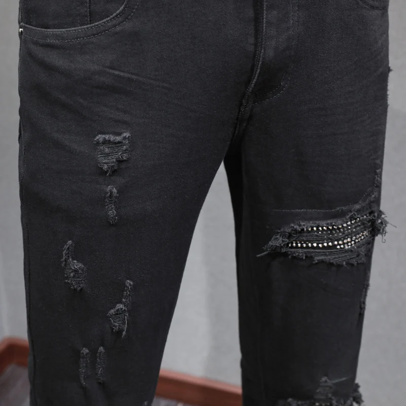 High Street Fashion Men's Slim Fit Jeans Vintage Black Washed Elastic Split Jeans Designer Hip Hop Brand Patch High Quality Pant