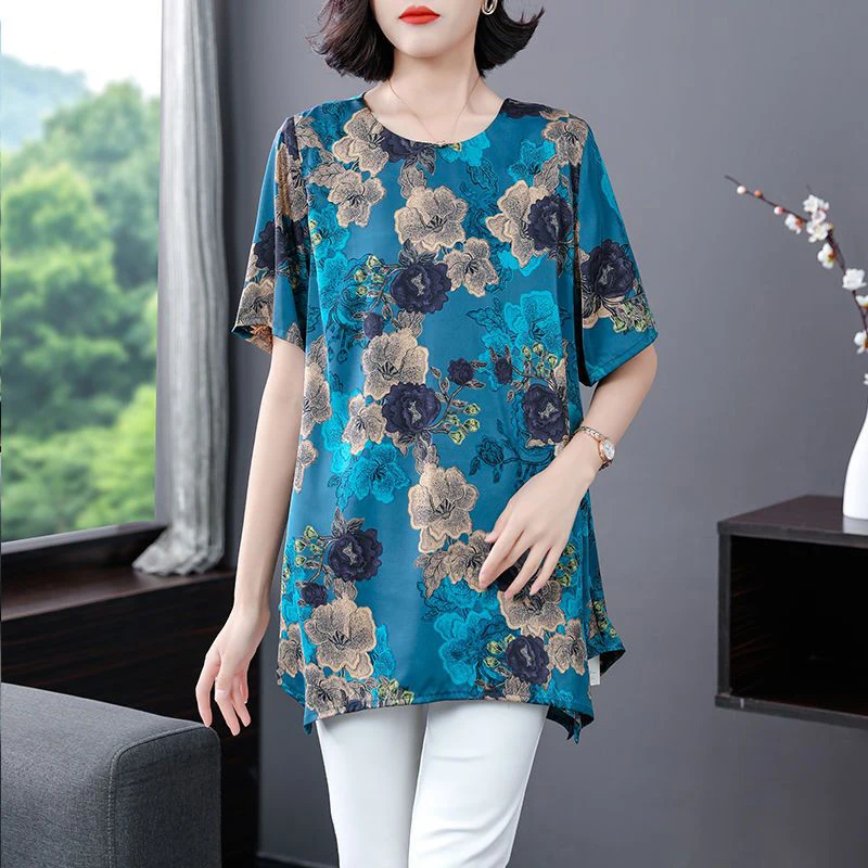 Summer New Versized Floral Printing Irregular Pullover Shirt Ladies Loose Casual Fashion Vintage Blouse Women Ethnic Style Tops