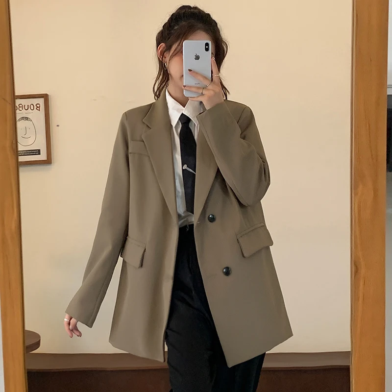 Women Fall Fashion Single-breasted Loose Fitting Blazer Coat Vintage Long Sleeve Pockets Female Outerwear Chic Veste Femme