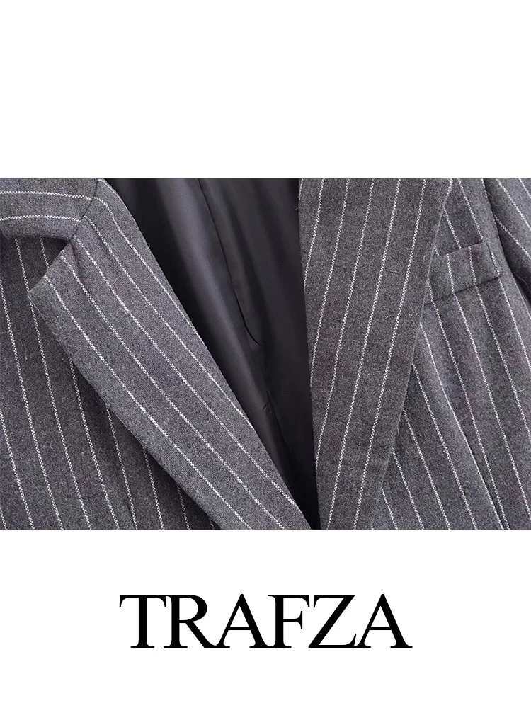 TRAFZA Fashion Women Vintage Loose Outerwear Blazer Long Sleeve Coat Female Chic Flip pocket decoration Casual Pinstripe Blazer