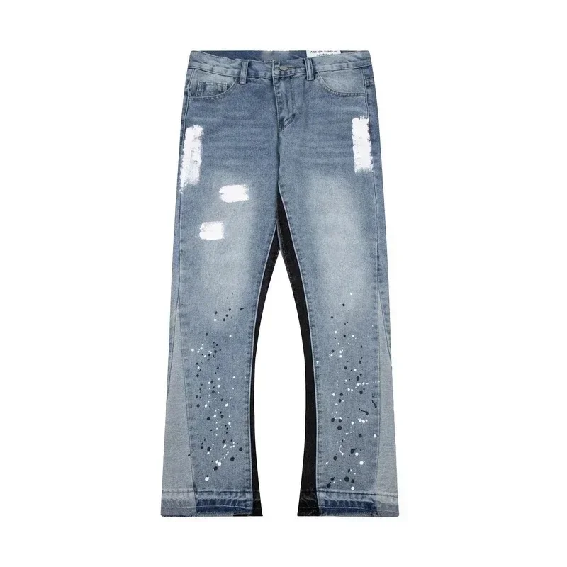 Men and Women Jeans Trousers High Street Splashed Ink Ripped Patchwork American Straight Slim Micro-Flared