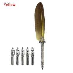 Vintage Feather Pen Set with Ornate Quill and Nib Collection - Elegant Writing Gift Set (Yellow)