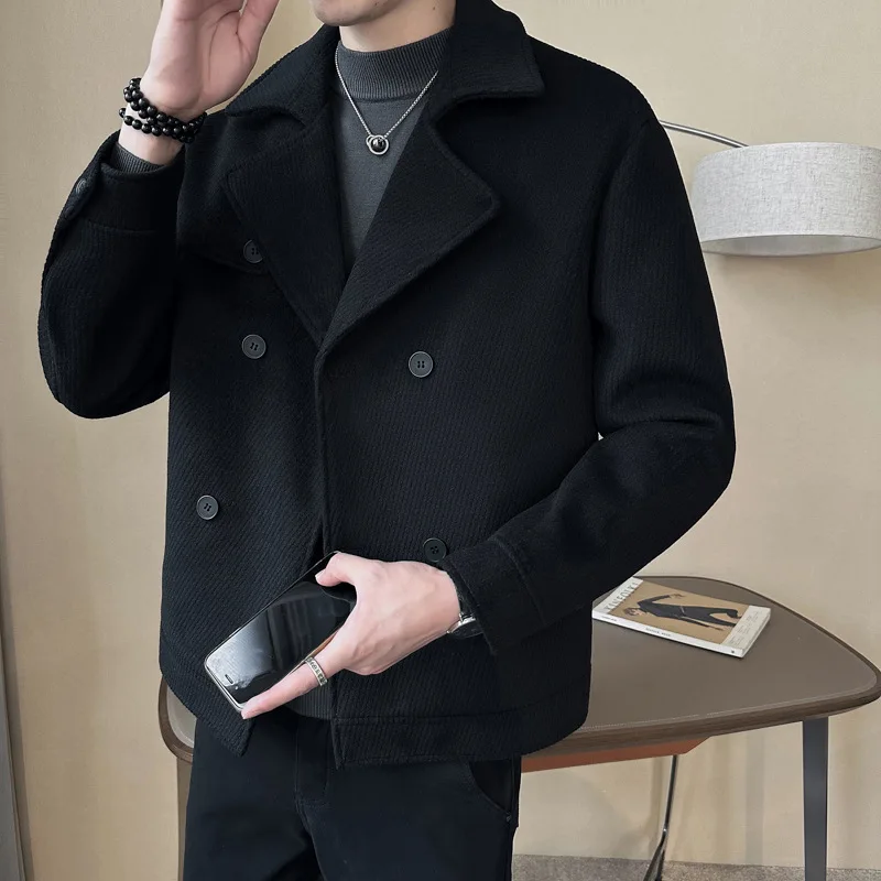 M-3XL Winter New Trend Mens Fashion Casual Jacket Double Breasted Long Sleeved Lapel with Cotton Thickened Wool Solid Loose Coat