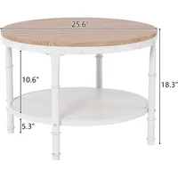 25.6" Natural White Round Farmhouse Coffee Table, 2-Tier Storage Wood Center Circle Accent Table for Living Room 2