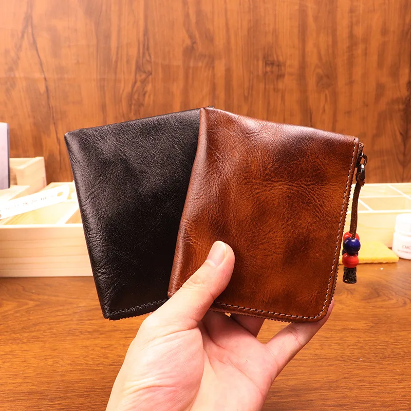 Zippered Wallet Card Case Folded Bills Storage Coin Organizer Wallet Travel Accessories Handmade Full Grain Leather Coin Purse