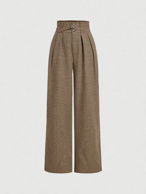 Women's plaid wide-leg trousers, retro high-waisted casual trousers, cargo style trousers with belt