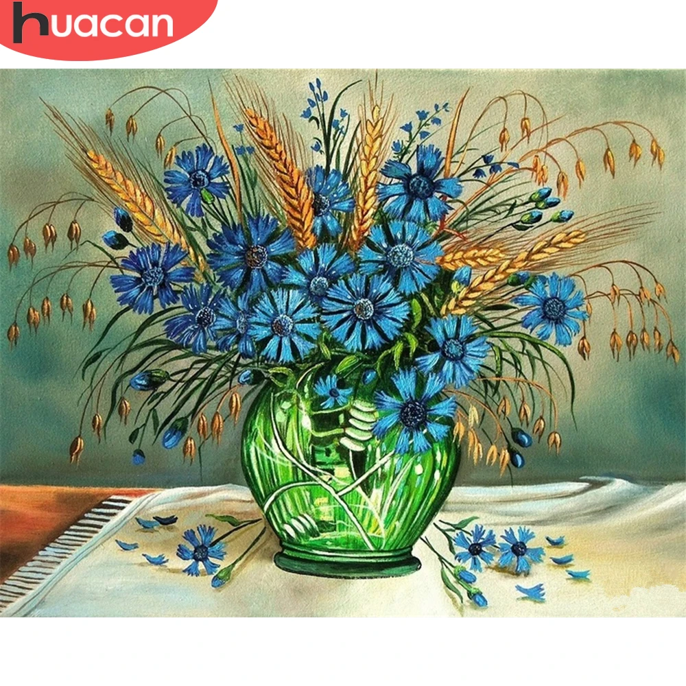 HUACAN Cuadro de flores azules para pared, lienzo de dibujo acrílico sobre  lienzo para sala de estar, regalo único, jarrón, 75x60cm| | - AliExpress