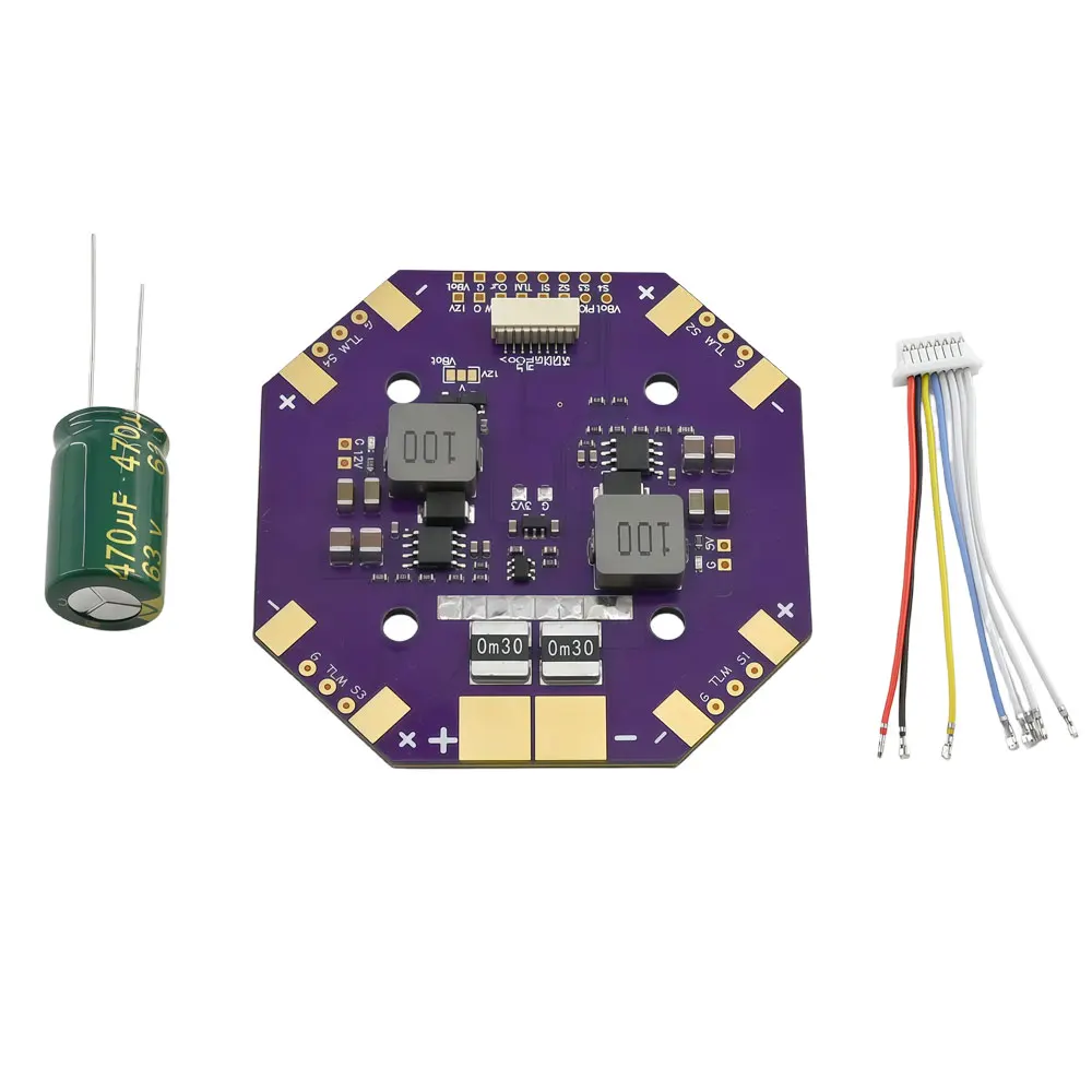 Tableau de distribution pour drone 12S avec capteurs de courant et câbles silicone, prêt à l'installation.