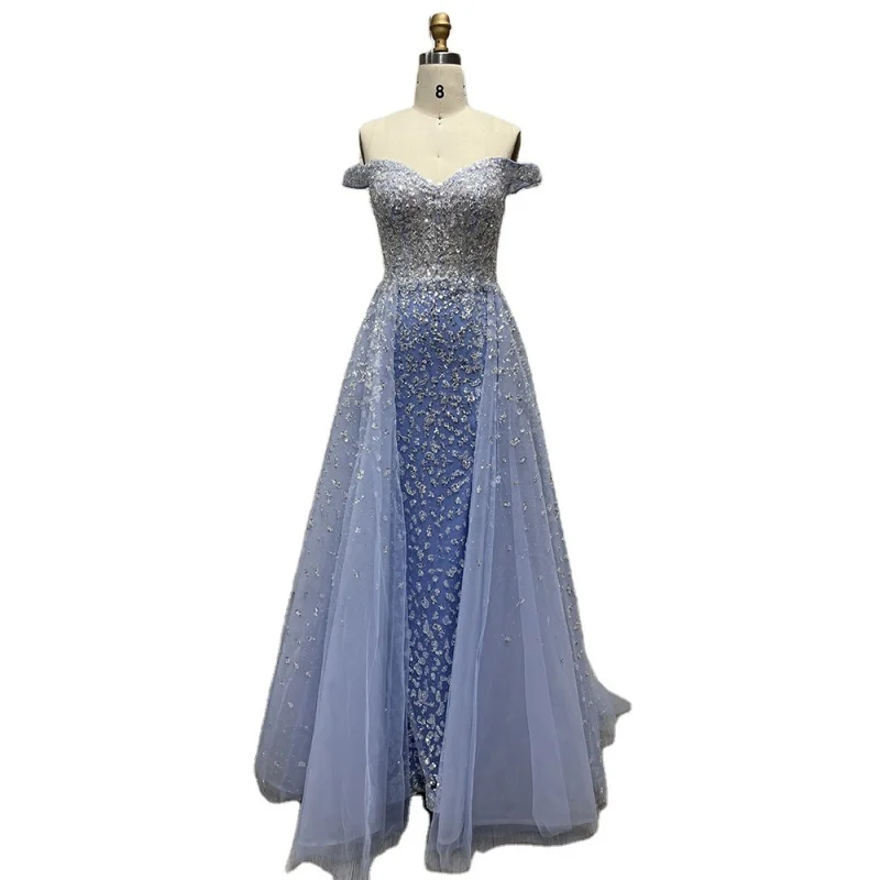 

Blue Mermaid Off Shoulder Open Split Evening Dresses 2023 Customized OEM/ODM71796A Overskirt Party Gowns For Women