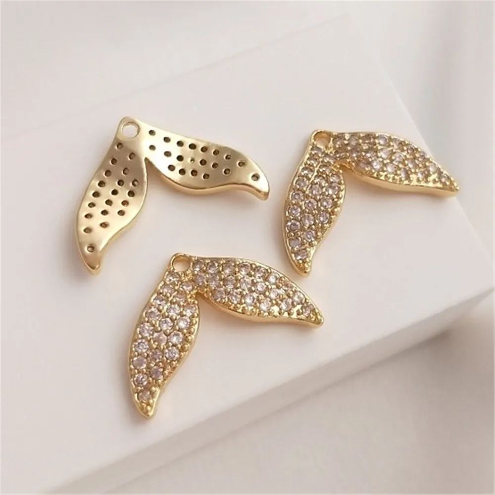 Full Zirconium Fish Tail Pendant 14K Gold Wrapped Whale Mermaid Tail Pendant Handcrafted DIY Jewelry Ear Accessories K130 50pcs opp self sealing bags pink mermaid tail print self adhesive bags for diy jewelry display handmade baking cookies packaging