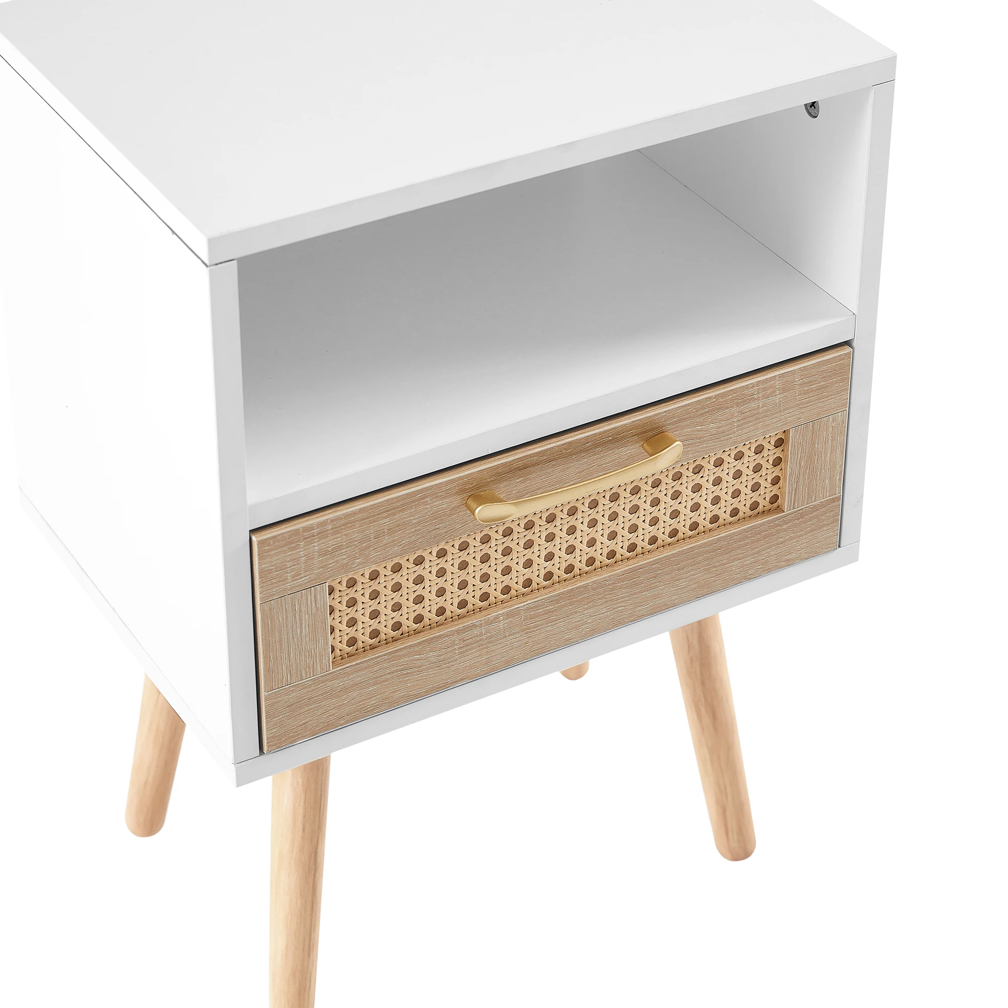 Rattan-Beistelltisch mit Schublade und Massivholzbeinen, moderner Nachttisch, Beistelltisch für Wohnzimmer, Schlafzimmer, weiß – Detail 15