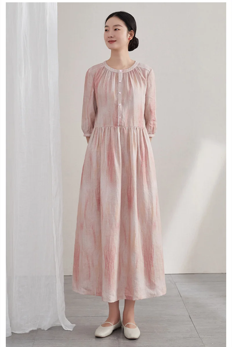 

Women's Summer Style Collarless Double breasted Literary Long Dress Women's Drawn Ruffle Medium Sleeve Printed Linen
