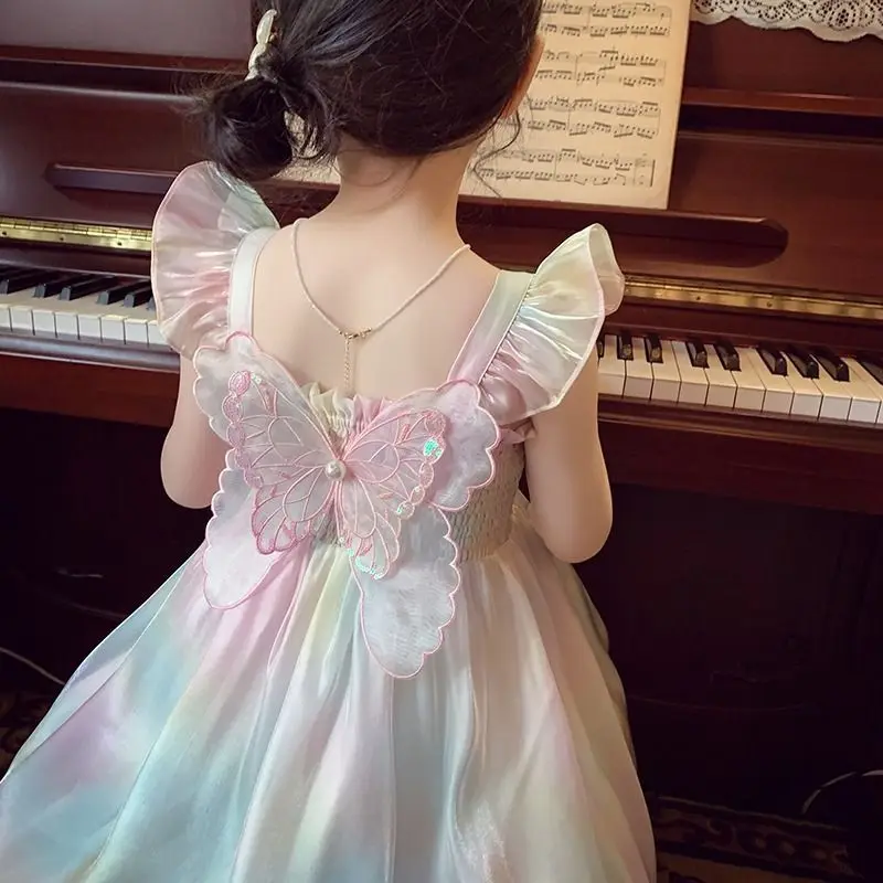 thumbnail image 1 of Vestido de verano para niñas con tirantes y degradado de arcoíris y decoración de mariposas, vestido de princesa para fiesta de cumpleaños y boda, 1 of 4
