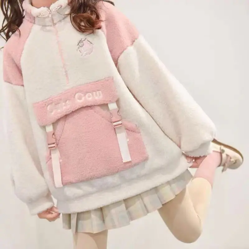 Kawaii Plush Sweatshirts Femme 2022 Autumn Fleece Long Sleeve Top Embroidery Hoodies Pocket Winter Clothes Women
