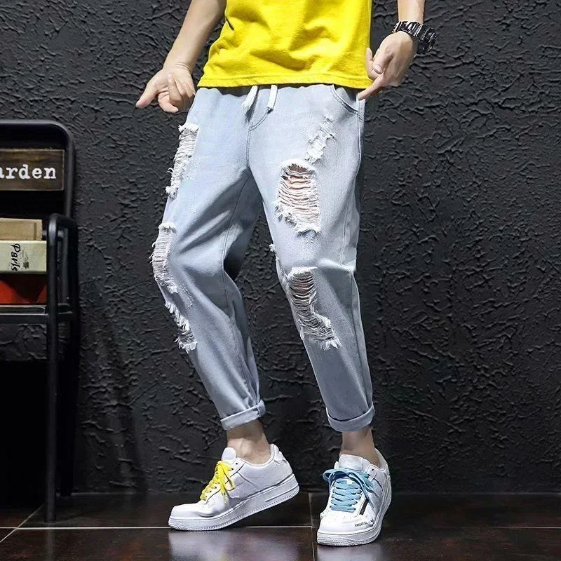 Loose Male Cowboy Pants Cropped Trousers Ripped Broken with Holes Men's Jeans Baggy Torn Japanese Street Style Korean Trend