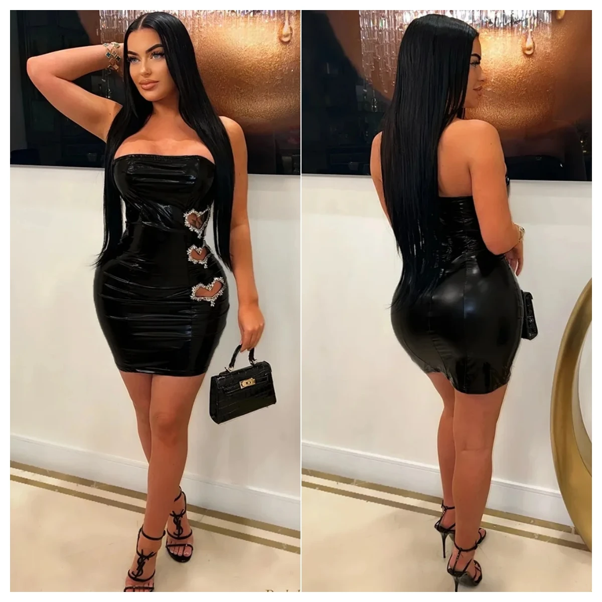 2024 Women Faux Leather Sleeveless Strapless Diamonds Love Sweetheart  Bodycon Midi Dresses Sexy Party Club Prom Dress