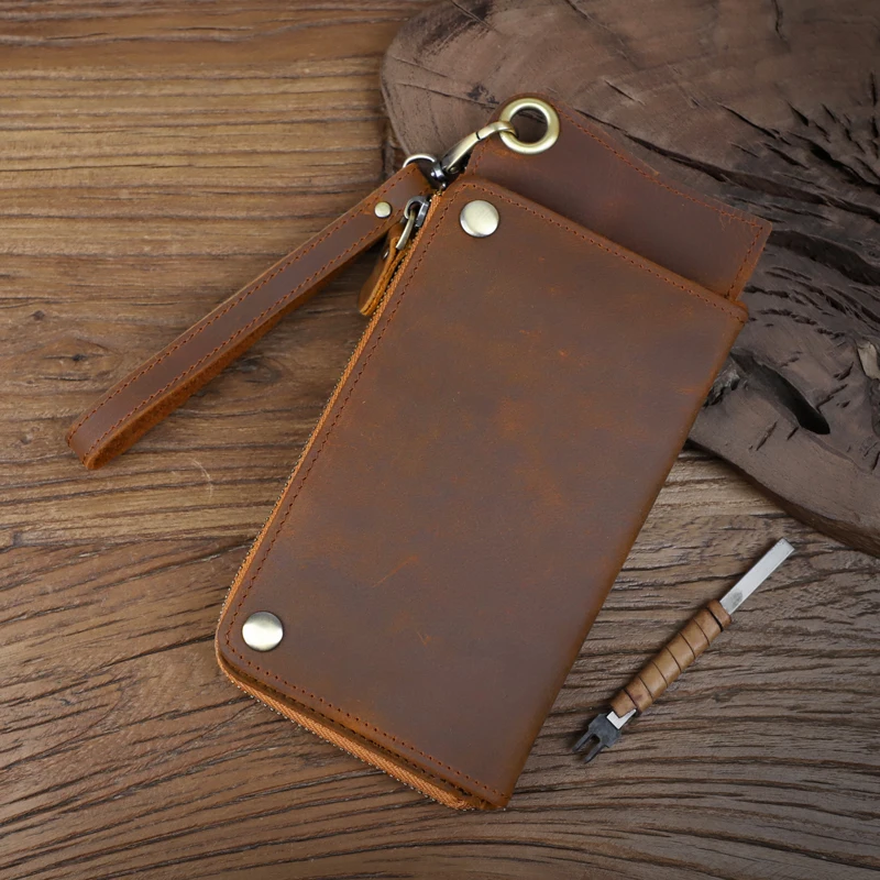 Retro Crazy Horse Leather Clutch Bag Genuine Leather Card Slot Long Wallet Multi-function Card Holder Zipper Coin Purse Handbag