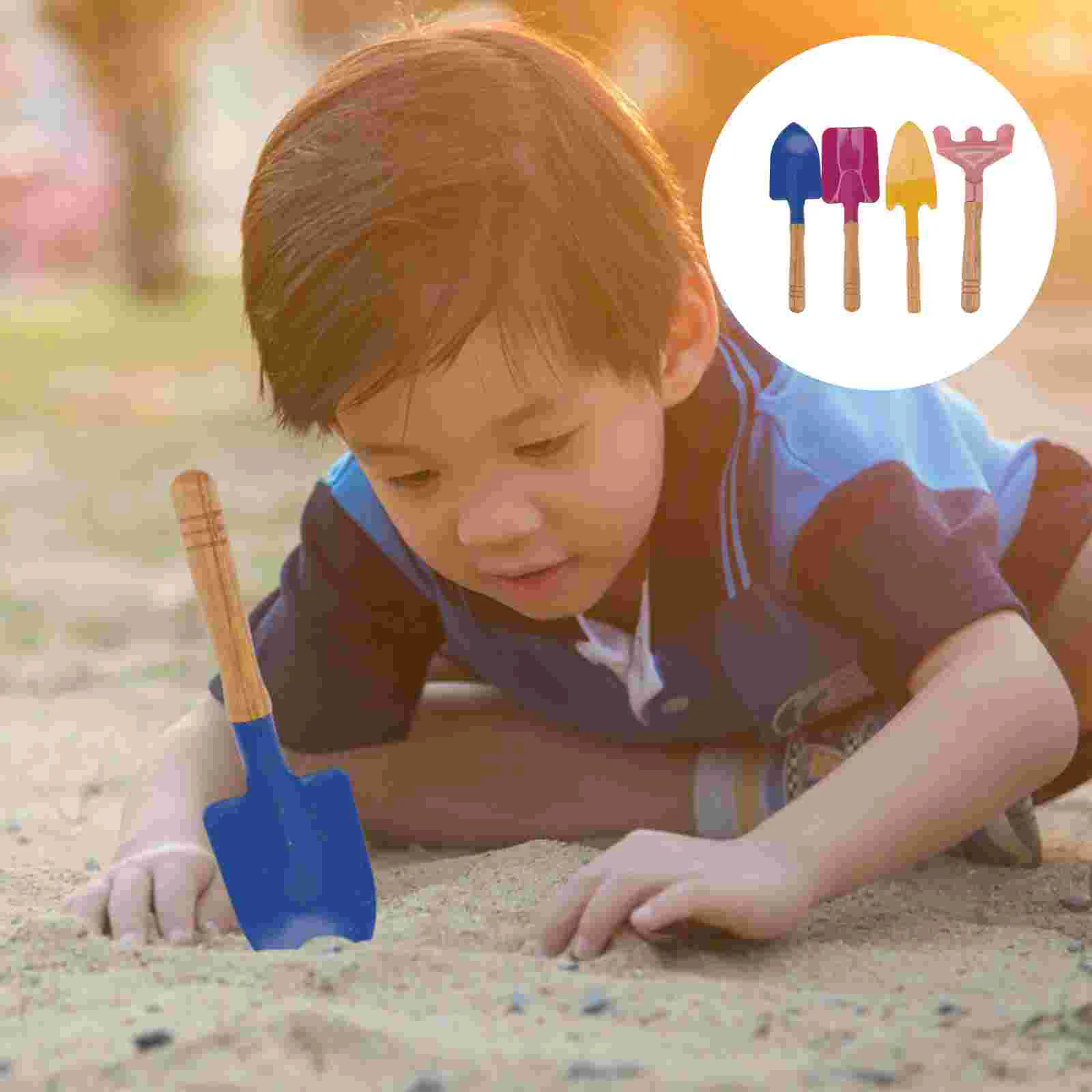 4 Pcs Beach Toddler Small Set of Four Child Kids Toys Mini Wooden Iron Childrens Tylonal Household Shovels Garden Tools