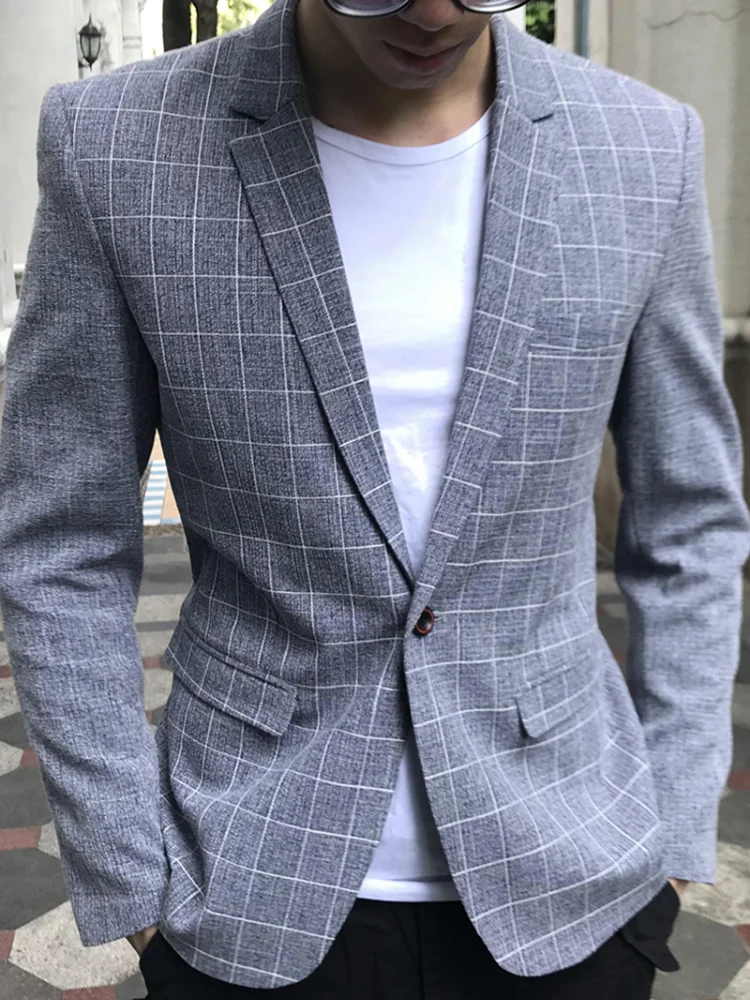 High-quality Men's Casual Suit Jacket Slim-fit Korean Fashion Youth Handsome Plaid Suit Men's Single-breasted Thin Jacket 6