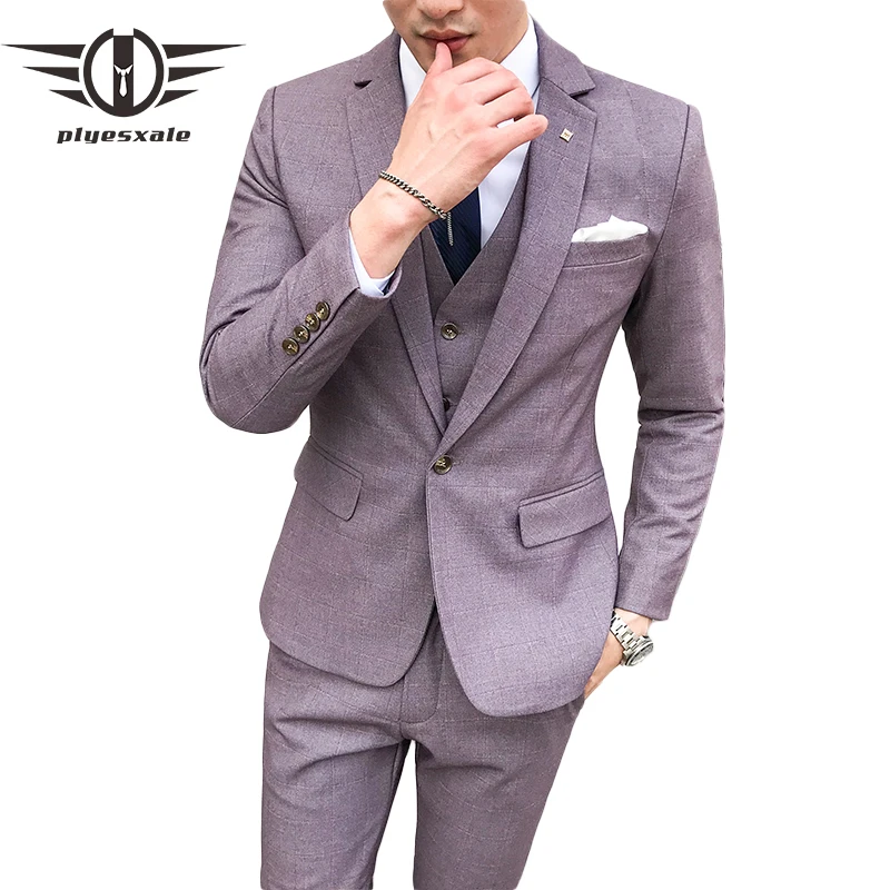 Plyesxale 3 Piece Plaid Suits For Men Blue Light Purple Mens Wedding