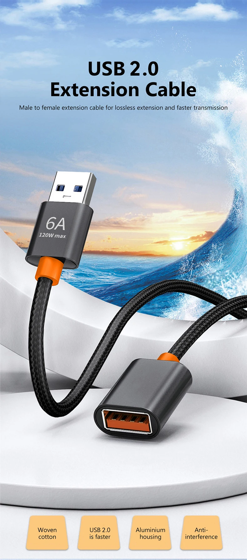 고속 USB 2.0/3.0 남성-여성 연장 케이블, 노트북 및 데스크탑 PC용 범용 USB 연장 코드